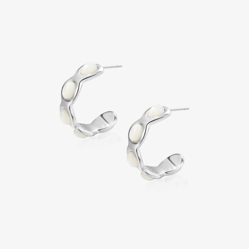 TIKOO original scalloped hoop earrings with white mother of pearl inlays and thick platinum plating.