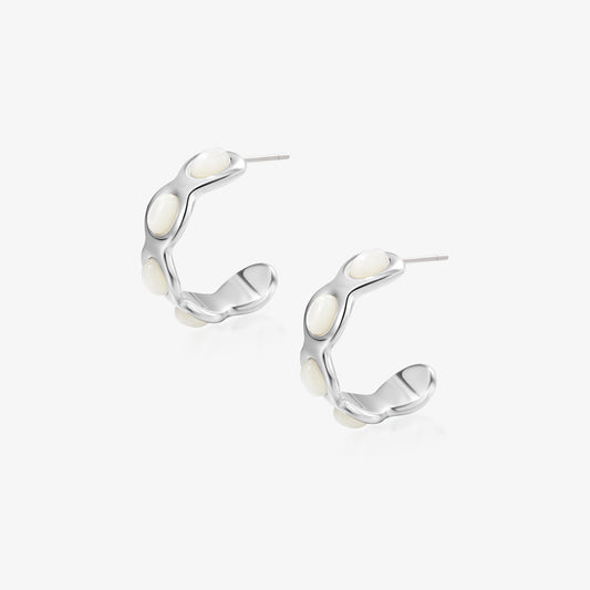 TIKOO original scalloped hoop earrings with white mother of pearl inlays and thick platinum plating.