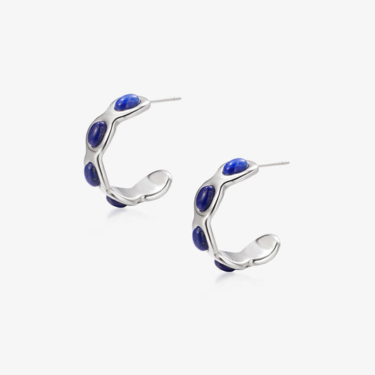 TIKOO original design scalloped hoop earrings featuring natural Lapis Lazuli stones and thick platinum plating.