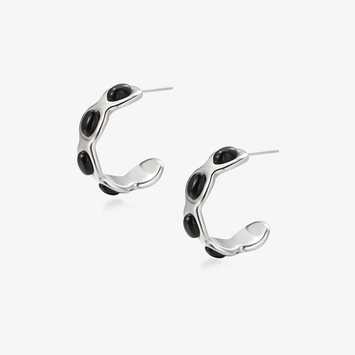 TIKOO original scalloped wave hoop earrings featuring black onyx gemstones and thick platinum plating.