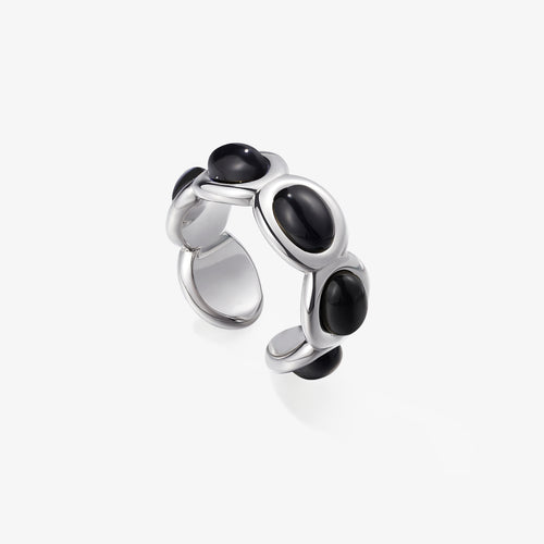 TIKOO original design open ring with black onyx stones and thick platinum plating on a white background.