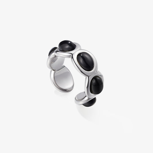 TIKOO original design open ring with black onyx stones and thick platinum plating on a white background.