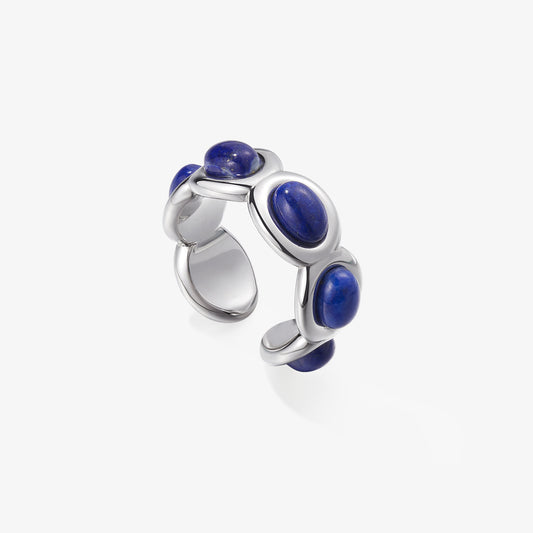 TIKOO original design scalloped open ring with natural blue Lapis Lazuli stones and platinum plating.