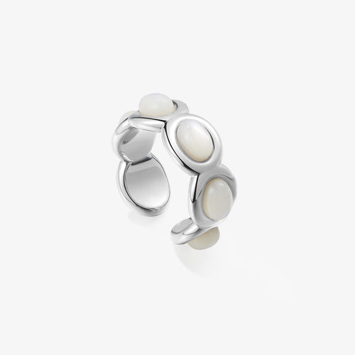 TIKOO original design scalloped open ring featuring white mother of pearl stones and thick platinum plating.