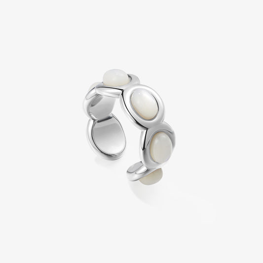 TIKOO original design scalloped open ring featuring white mother of pearl stones and thick platinum plating.