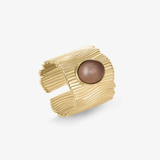 TIKOO Original Design Smoky Quartz Ring in 18K Heavy Gold Plated Brass, Front View on White Background.