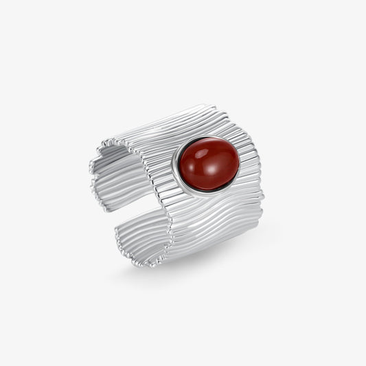 TIKOO original design red stone statement ring with thick platinum plating on a clean white background.