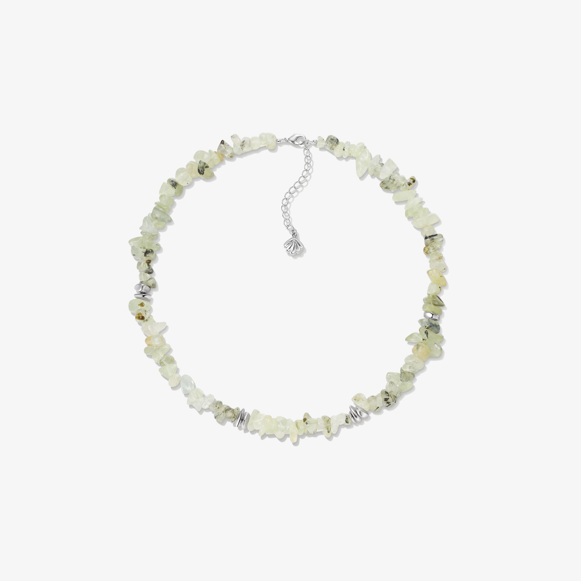 TIKOO original natural prehnite beaded necklace with thick white gold plating on a clean white background.