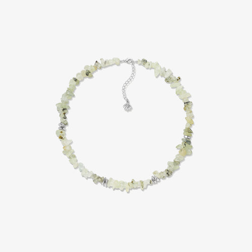 TIKOO original natural prehnite beaded necklace with thick white gold plating on a clean white background.