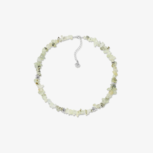 TIKOO original natural prehnite beaded necklace with thick white gold plating on a clean white background.