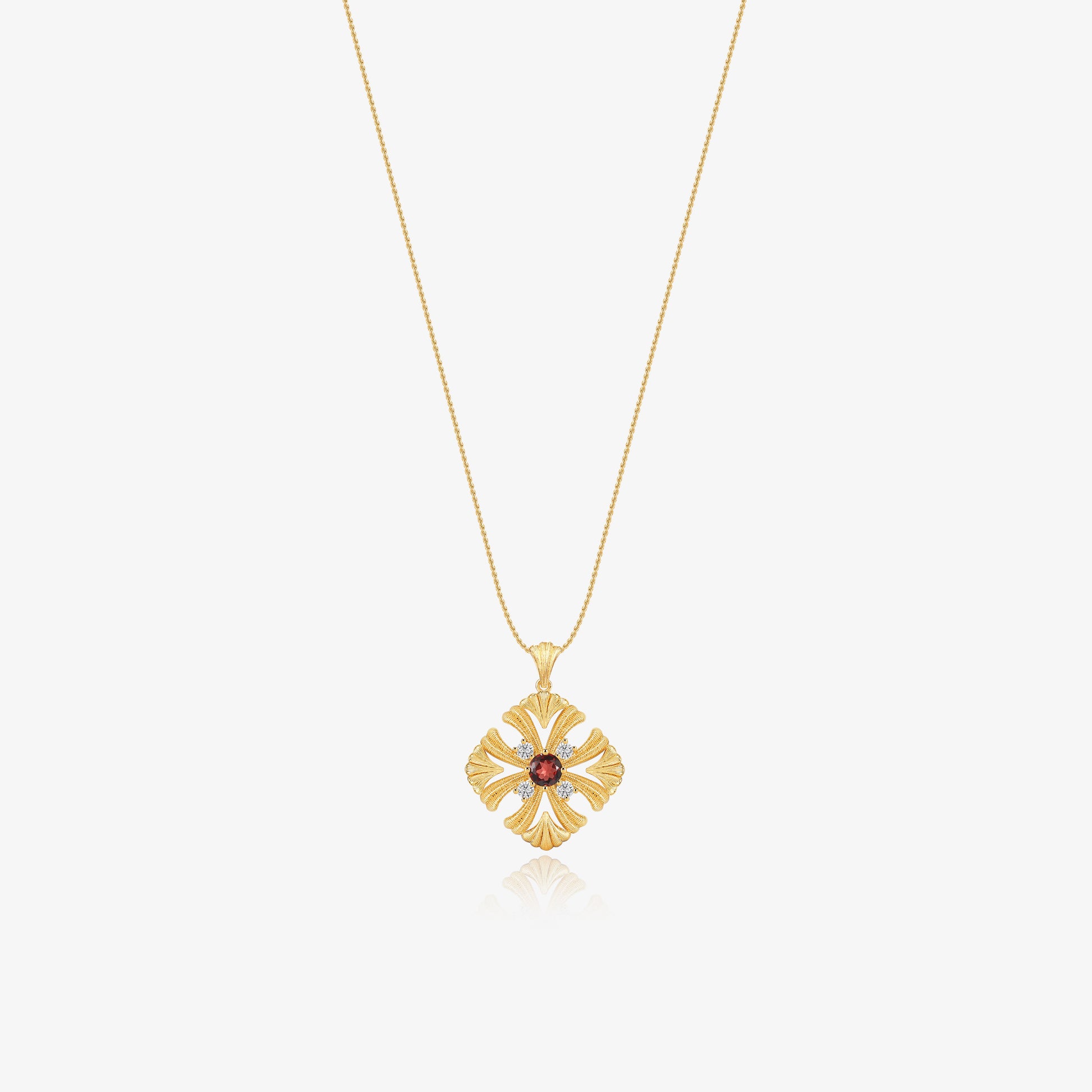 TIKOO original design long pendant necklace featuring natural red garnet and D color VVS Moissanite in 18K gold plating.