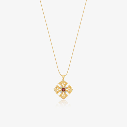 TIKOO original design long pendant necklace featuring natural red garnet and D color VVS Moissanite in 18K gold plating.