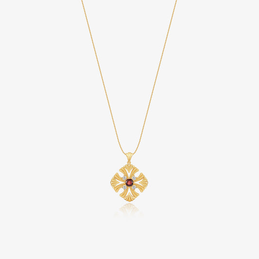 TIKOO original design long pendant necklace featuring natural red garnet and D color VVS Moissanite in 18K gold plating.