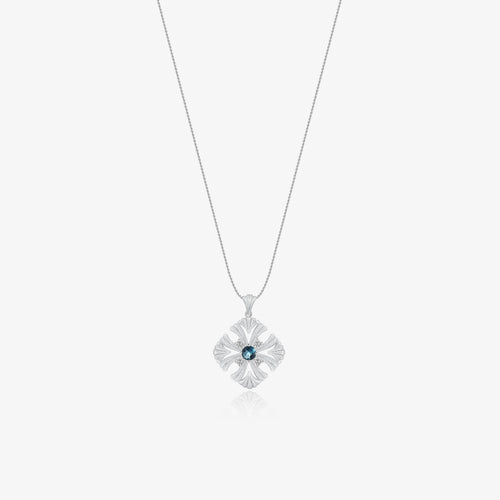 TIKOO original design long pendant necklace featuring a blue topaz center stone and moissanite accents on a white background.