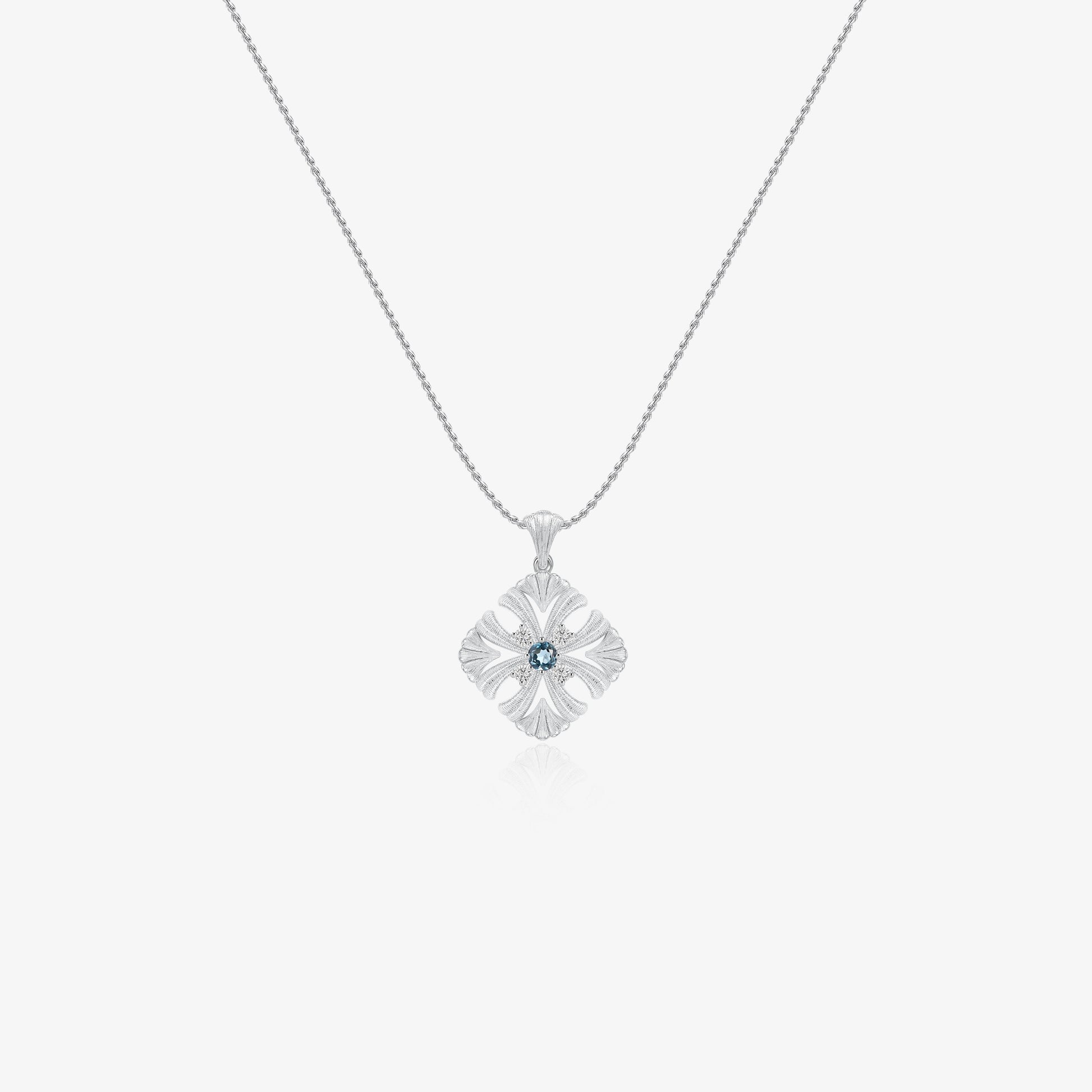TIKOO original floral pendant necklace with London Blue Topaz and D color VVS Moissanite.