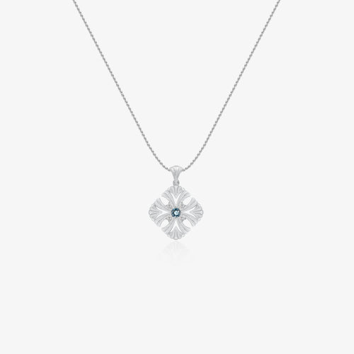 TIKOO original floral pendant necklace with London Blue Topaz and D color VVS Moissanite.
