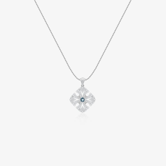 TIKOO original floral pendant necklace with London Blue Topaz and D color VVS Moissanite.