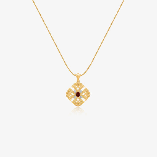 TIKOO original flower pendant necklace featuring natural red garnet and D color VVS Moissanite in 18K gold.