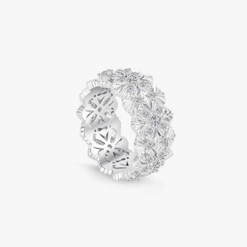 TIKOO original design floral eternity ring featuring D color VVS Moissanite on white background.