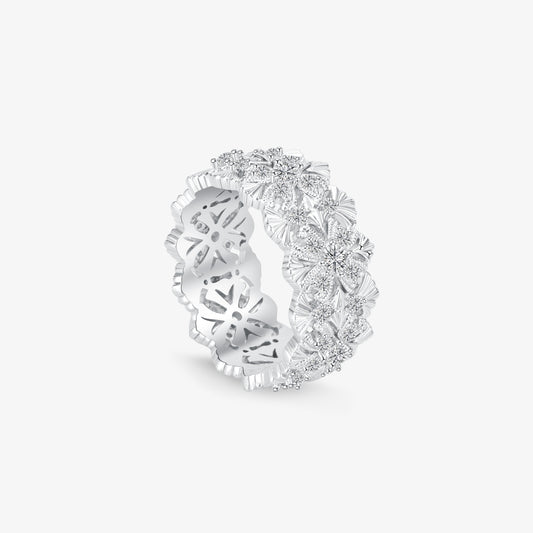 TIKOO original design floral eternity ring featuring D color VVS Moissanite on white background.