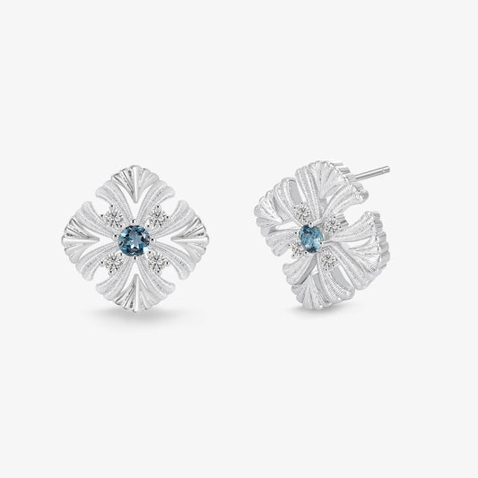 TIKOO original flower stud earrings with London Blue Topaz and D color VVS Moissanite.