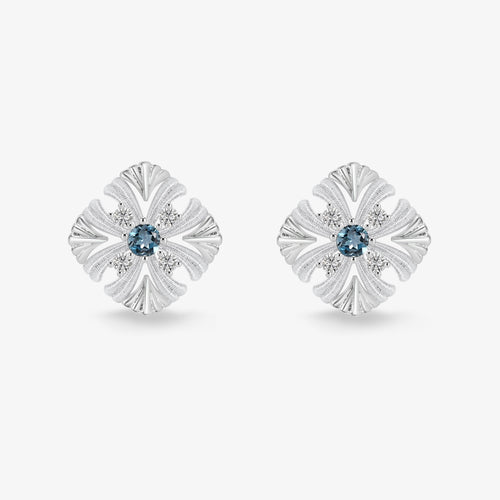 TIKOO original flower stud earrings with London Blue Topaz and D color VVS Moissanite.