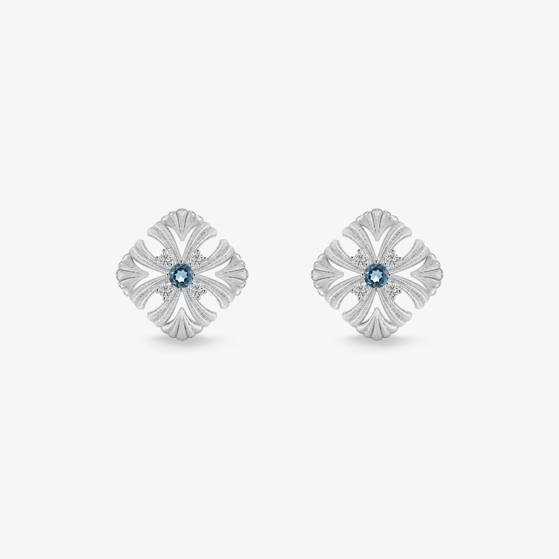 TIKOO original flower stud earrings with London Blue Topaz and D color VVS Moissanite.