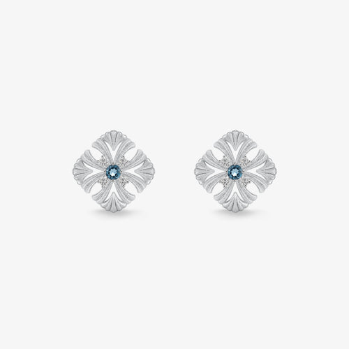 TIKOO original flower stud earrings with London Blue Topaz and D color VVS Moissanite.