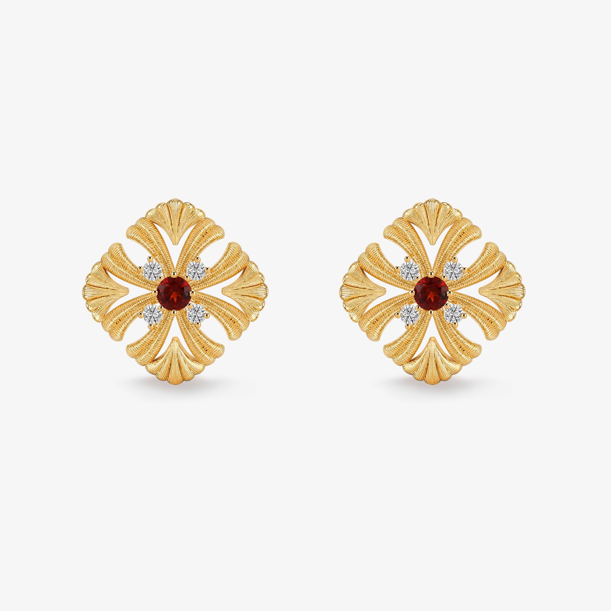 TIKOO original vintage floral stud earrings featuring natural red garnet and D color VVS moissanite in 18k gold plating