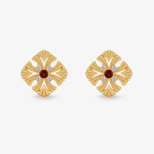 TIKOO original vintage floral stud earrings featuring natural red garnet and D color VVS moissanite in 18k gold plating