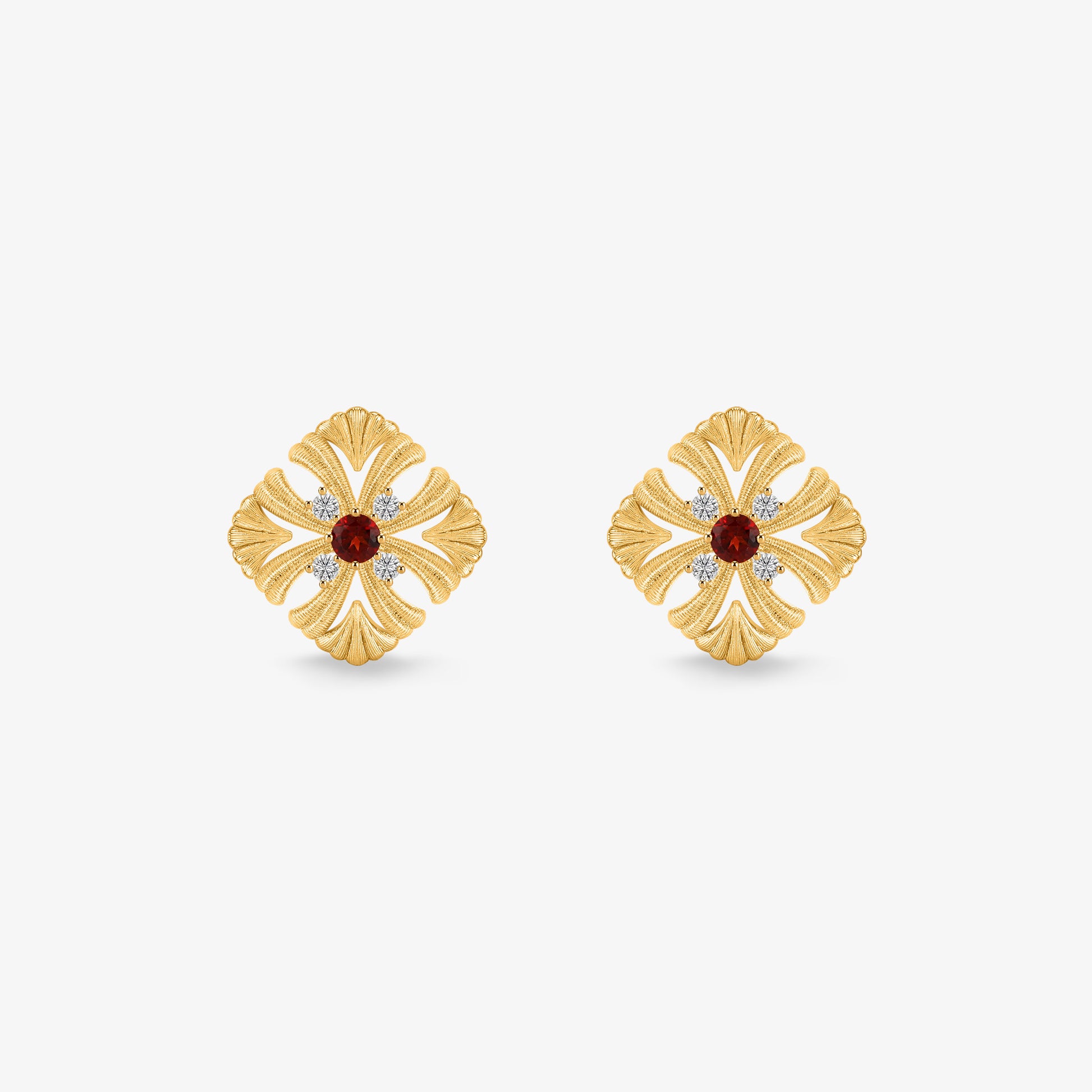 TIKOO original vintage floral stud earrings featuring natural red garnet and D color VVS moissanite in 18k gold plating
