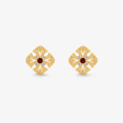 TIKOO original vintage floral stud earrings featuring natural red garnet and D color VVS moissanite in 18k gold plating