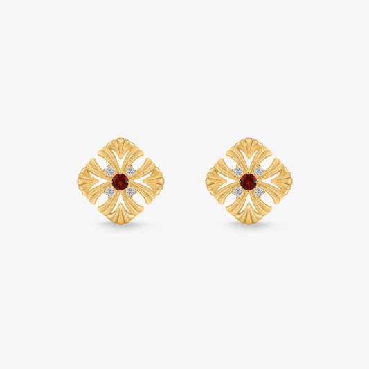 TIKOO original vintage floral stud earrings featuring natural red garnet and D color VVS moissanite in 18k gold plating