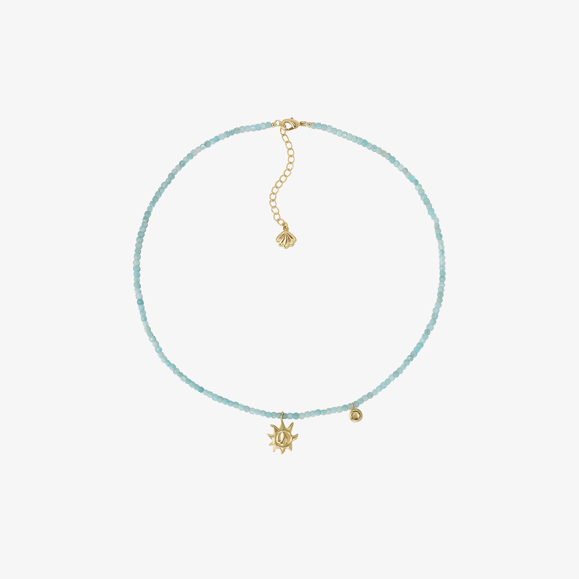 TIKOO original design natural amazonite beaded necklace featuring a gold sun pendant and adjustable clasp.