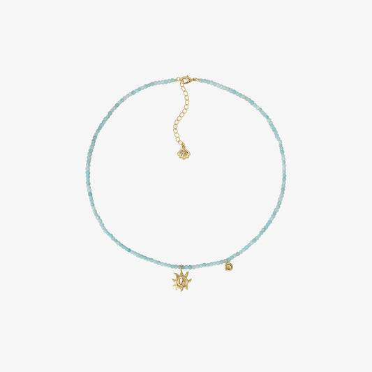 TIKOO original design natural amazonite beaded necklace featuring a gold sun pendant and adjustable clasp.
