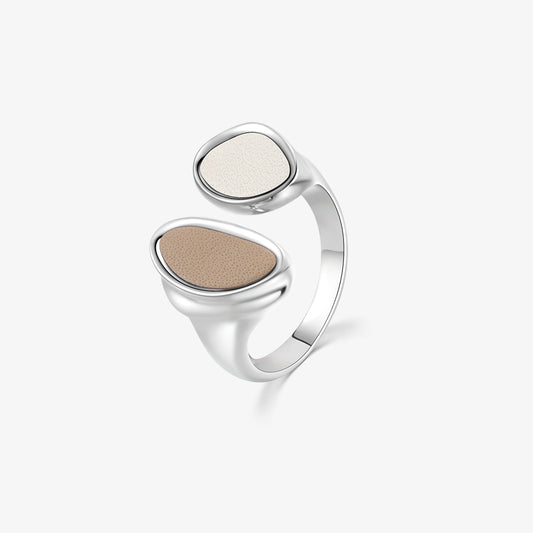 TIKOO original pebble open wrap ring featuring two-tone khaki and cream genuine leather inlays with white gold plating.