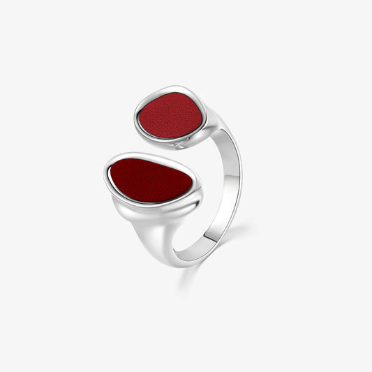 TIKOO original design pebble open wrap ring featuring vibrant red genuine leather inlays and white gold plating.
