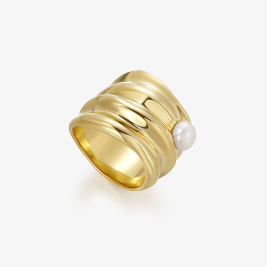 TIKOO original design wavy 18K gold plated ring featuring a natural freshwater pearl on white background.
