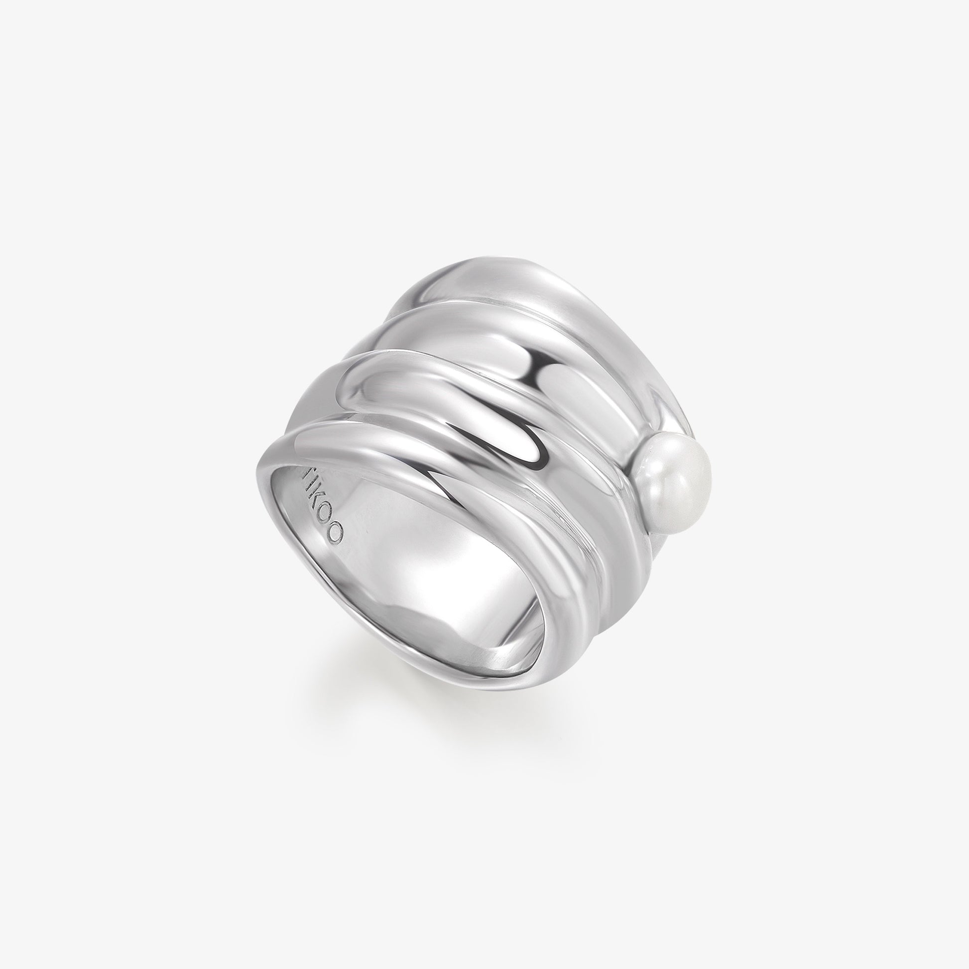 TIKOO original design wavy sculptural ring with natural freshwater pearl in white gold plated eco-brass.