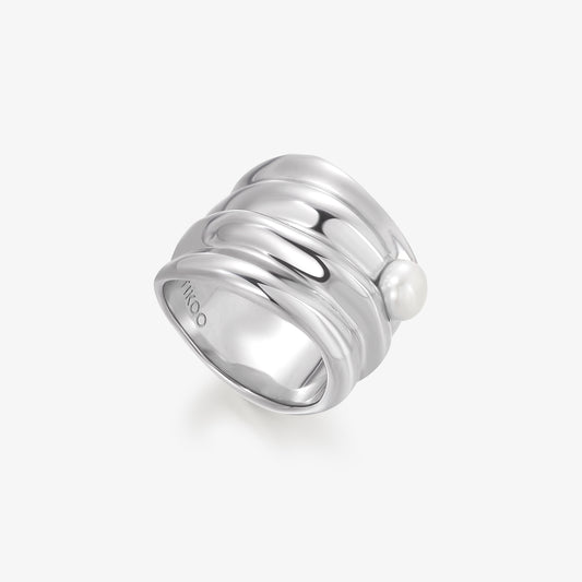 TIKOO original design wavy sculptural ring with natural freshwater pearl in white gold plated eco-brass.