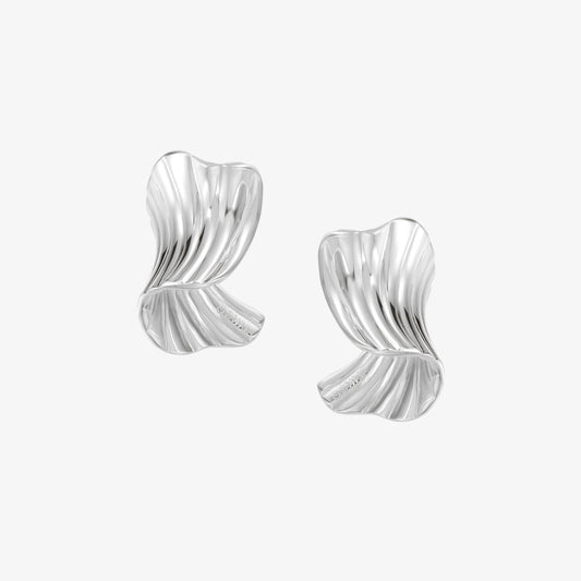TIKOO original design sculptural pleated ribbon earrings in heavy white gold plating, front view on white background.