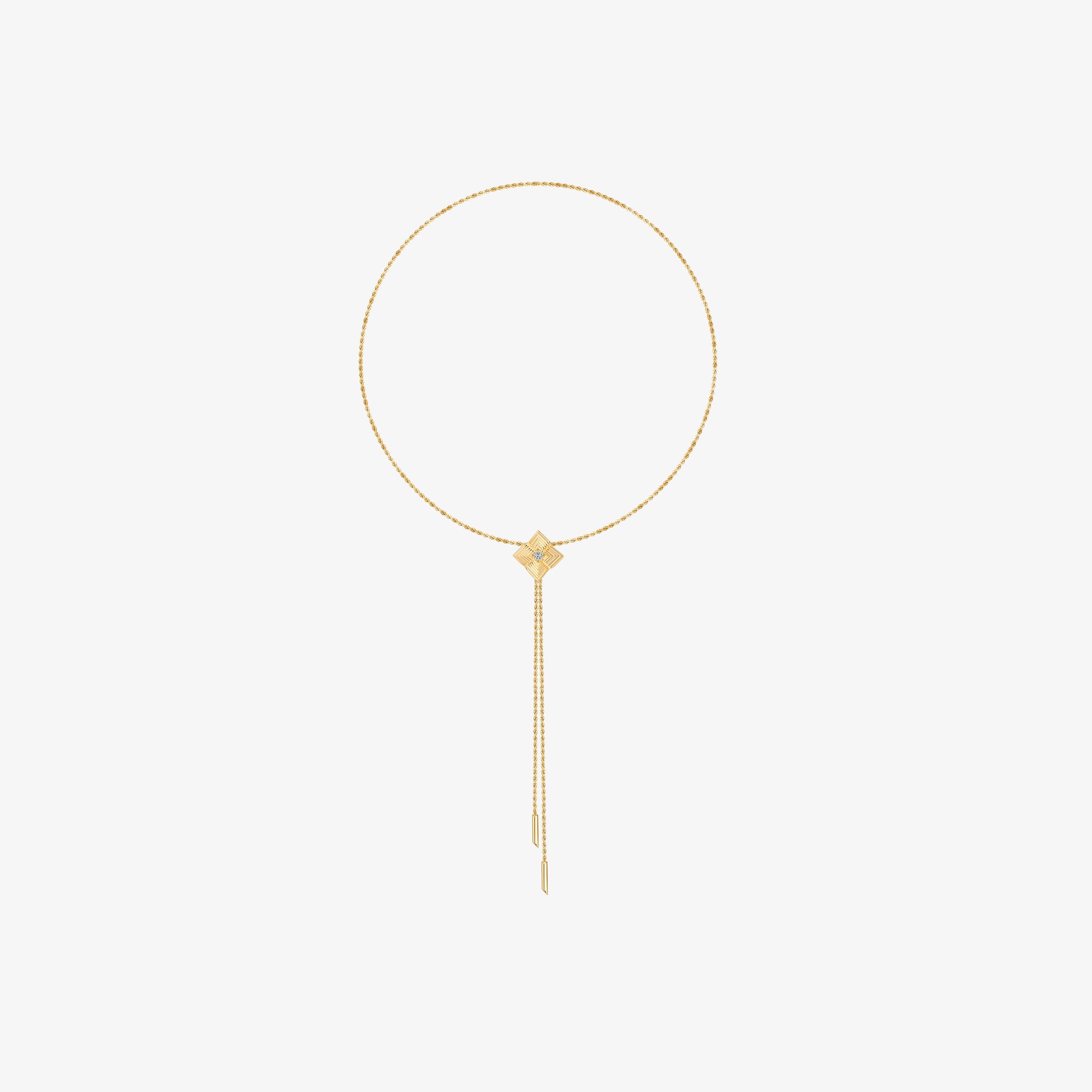 TIKOO original design long pendant necklace with D color VVS moissanite in thick 18K gold plated setting.