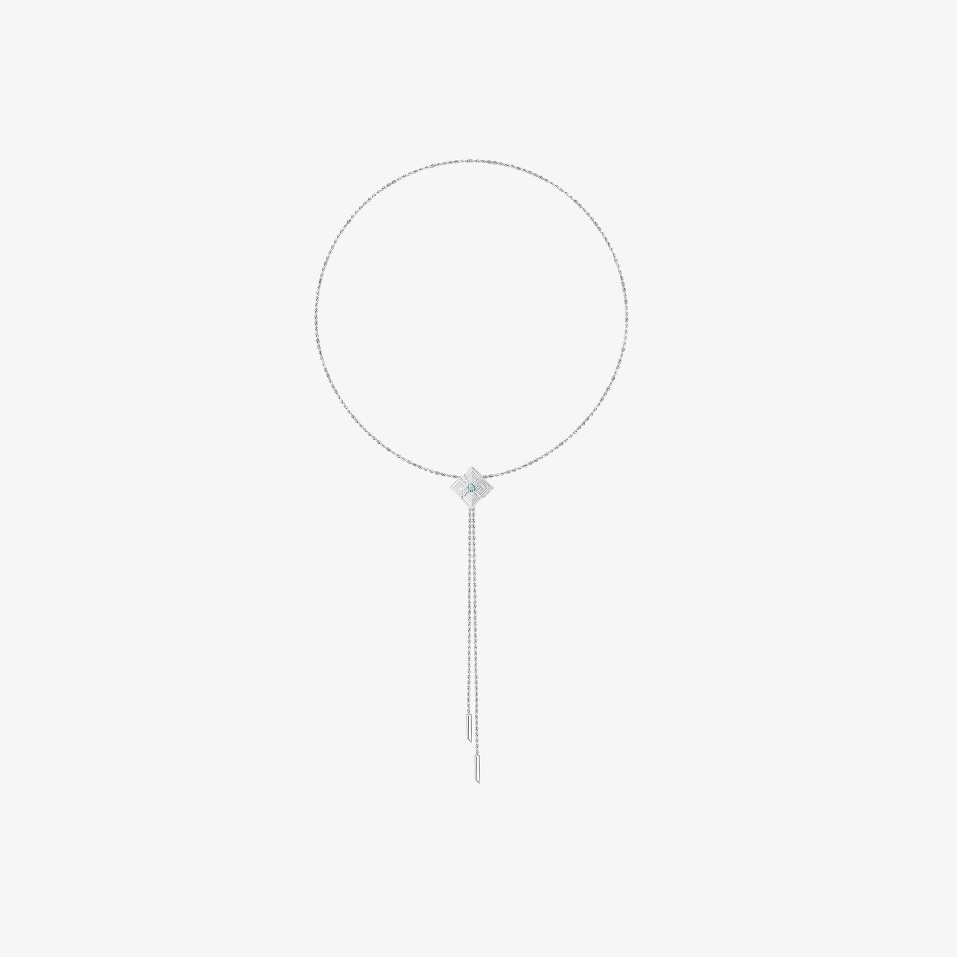 TIKOO original design long pendant necklace featuring a London blue topaz in a thick platinum plated setting on a white background.