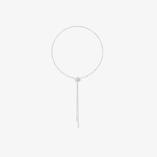 TIKOO original design long pendant necklace featuring a London blue topaz in a thick platinum plated setting on a white background.