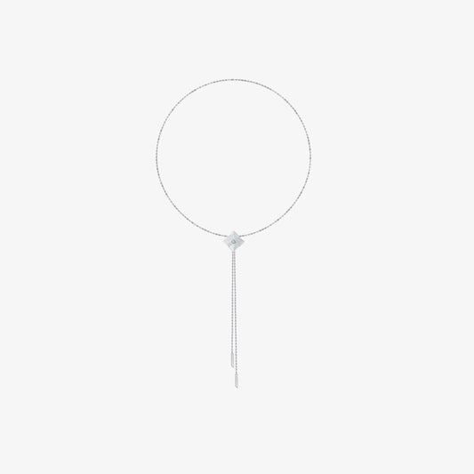 TIKOO original design long pendant necklace featuring a London blue topaz in a thick platinum plated setting on a white background.