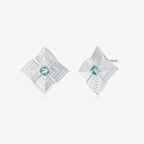 TIKOO original geometric starburst stud earrings featuring London blue topaz in a platinum plated setting.